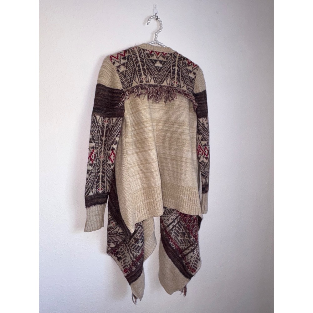 Knox Rose Women's Beige Southwestern Tribal Fringe Cardigan Sweater - Picture 3 of 9